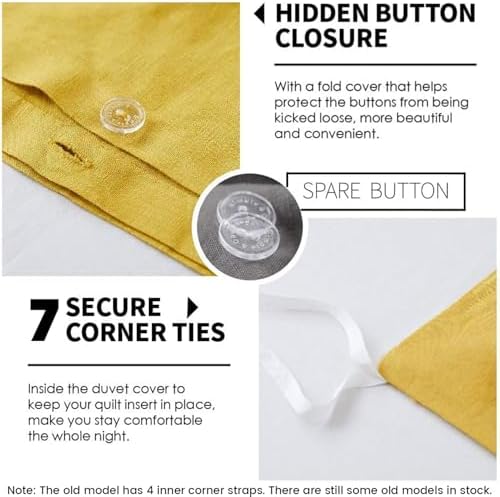 Simple&Opulence 100% Linen Duvet Cover Set 3pcs Basic Style Natural French Washed Flax Solid Color Soft Breathable Farmhouse Bedding with Button Closure - Mustard Yellow, Queen