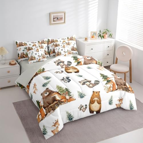 Erosebridal Woodland Animals 7 Piece Comforter Set Queen Bed in A Bag Cartoon Bear Fox Deer Bedding Set Kids Jungle Wildlife Child Sheet Set with Comforter Funny Raccoon Wild Animals Duvet Insert