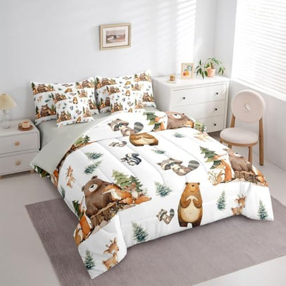 Erosebridal Woodland Animals 7 Piece Comforter Set Twin Bed in A Bag Cartoon Bear Fox Deer Bedding Set Kids Jungle Wildlife Child Sheet Set with Comforter Funny Raccoon Wild Animals Duvet Insert