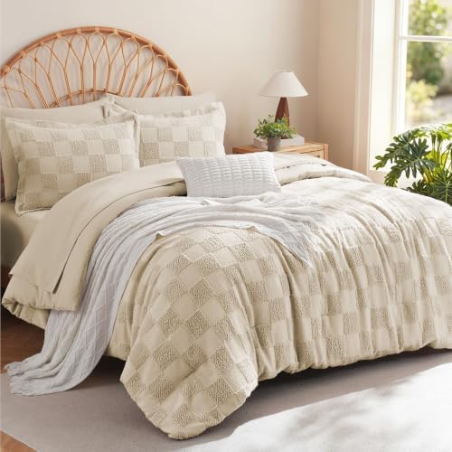 MR&HM 7 Pieces Comforter Set Full, Checkered Boho Tufted Bed Set Beige