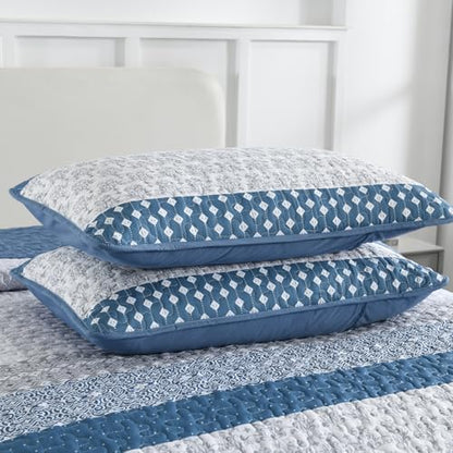 WONGS BEDDING Blue Full Size Quilt Set, Bohemian Striped Bedspreads