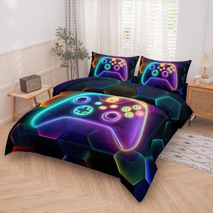 5PCS Gaming Comforter Sets Full,Full Comforter Set for Boys,Gaming Geometry Bed Set for Boys,Adults,Teens,All Season Use