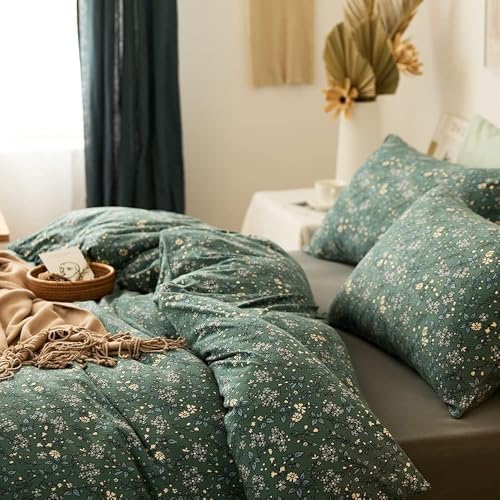 Vintage Green Floral Duvet Cover Full Size Jersey Knit Cotton Chic Floral Bedding Set Garden Style Botanical Flower Comforer Cover Floral Cottagecore Bedding Set 1 Duvet Cover with 2 Pillowcases