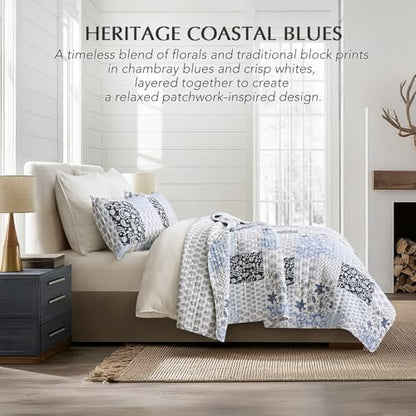 EverGrace 100% Cotton Patchwork Quilt Set, Queen Size, Coastal Blue 96"×92"