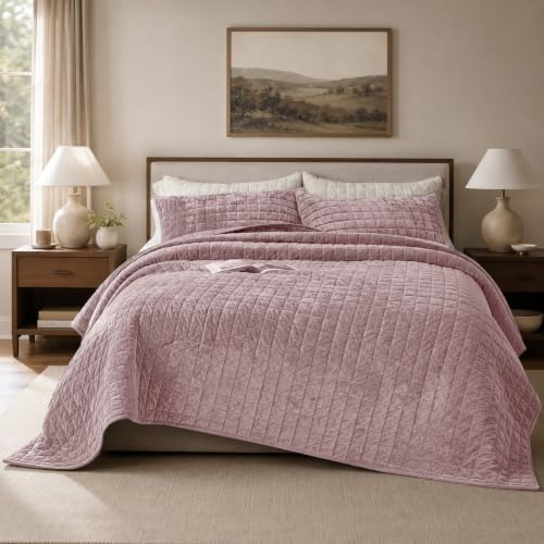 Quilt Set Oversized King Size 120x128 Luxurious Velvet Bedding Sets with 2 Pillow Shams 20x36 3 Pieces Ultra Soft Quilted Bedspread Coverlet Comforter for All Season, Pink