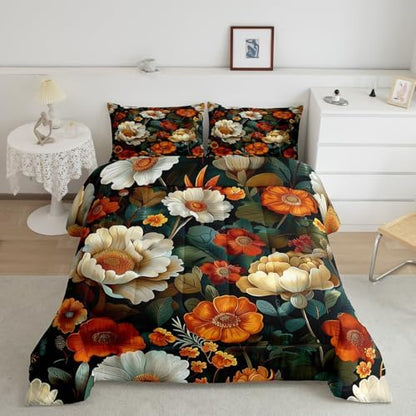 jejeloiu Boho Floral Comforter Set King Size Kids Bohemian Flower Bedding Set for Boys Girls Teens Botanical Duvet Breathable Blossom Plant Aesthetic Quilt Bedroom Decor,1 Comforter with 2 Pillowcase
