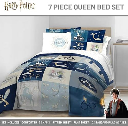 Harry Potter Queen Comforter Set 7 Piece Soft Hogwarts Bedding, Multi