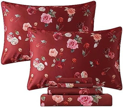 FADFAY Red Rose Sheets Set Full Vintage Rose Floral Bedding Chic Rose Flower Bed Sheets Shabby Farmhouse Bedding 100% Percale Egyptian Cotton 800 Thread Count Deep Pocket Fitted Sheet 4Pcs, Full Size
