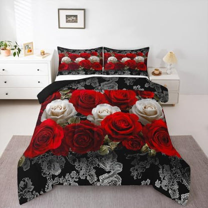 Red and White Rose Print Comforter Set Full Aldults Teens 3D Floral Room Decor Romantic Lace Pattern Bedding Set,Soft Lightweight Modern Flowers Duvet,Youth Young Man Quilt,1 Comforter + 2 Pillowcase
