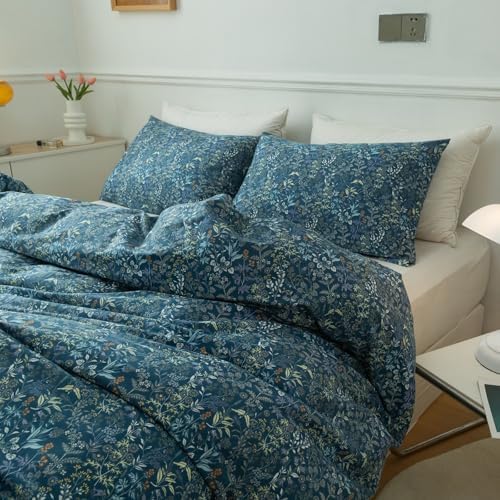 Blue Floral Duvet Cover Queen Vintage Flower Pattern Duvet Cover 100% Cotton Garden Style Comforter Cover Chic Botanical Floral Bedding Sets for Girls Women 1 Queen Duvet Cover with 2 Pillowcases