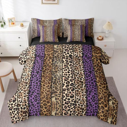 Erosebridal Purple and Brown Leopard Print King 7-Piece Comforter Set for Men Women Adults - Cheetah Printed Bedding Set with Sheets Wild Safari Animal Bed in a Bag Modern Leopard Print Bed Sets