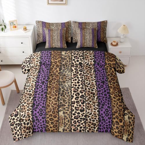 Erosebridal Purple and Brown Leopard Print 7-Piece Bed in a Bag Full Size for Men Women Adults - Cheetah Printed Bedding Set Wild Safari Animal Comforter Set with Sheets Modern Leopard Print Quilt