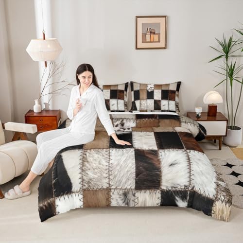 3D Cow Fur Print Comforter Set Cowhide Patchwork Plaid Bedding Set Western Farmhouse Animals Quilted Duvet 3pcs for Teens Girls Boys Men Room Decor Vintage Cowboy Style Bedspread Full Size