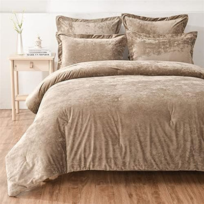 Fredsure Distressed Velvet Comforter Set, 5 Pieces Khaki Queen, Distressed Velvet Face and Brushed Microfiber Reverse