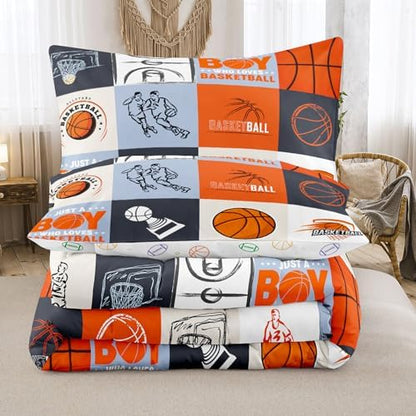 6pcs Basketball Comforter Set for Boys, Queen Size Bedding Sets for Teen,Kids Comforter Set with 1 Quilt+1 Flat Sheet+1 Fitted Sheet+2 Pillowcases+1 Cushion Cover(Basketball-E Queen)