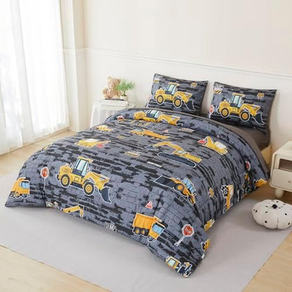 RYNGHIPY Construction Truck Bedding Set Excavator Tractor Bed Set for Boys Bedroom Kids Comforter Sets with 1 Comforter 2 Pillowcases (Black-Grey,Twin)