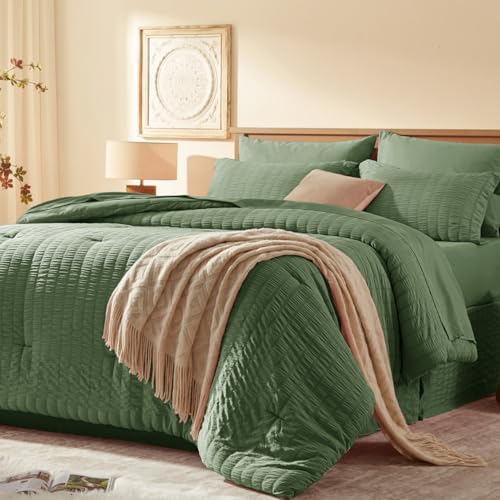 Laojin Balhen Twin Comforter Set 5 Pieces, Olive Green Seersucker Bed in a Bag Set Twin Size, All Season Luxury Bedding Sets with Comforter, Sheets, Pillowcase & Sham