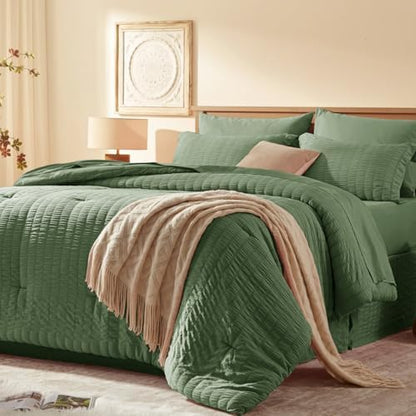 Laojin Balhen Twin Comforter Set 5 Pieces, Olive Green Seersucker Bed in a Bag Set Twin Size, All Season Luxury Bedding Sets with Comforter, Sheets, Pillowcase & Sham