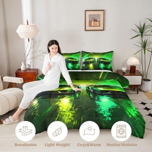 Feelyou Green Racing Car Kids Comforter Set Full Size Boys Sports Car Bedding Set Speed Sports Duvet Quilt for Kids Boys Girls Bedroom Extreme Decor Microfiber Ultra Soft Breathable