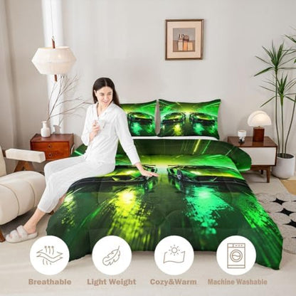 Feelyou Green Racing Car Kids Comforter Set Full Size Boys Sports Car Bedding Set Speed Sports Duvet Quilt for Kids Boys Girls Bedroom Extreme Decor Microfiber Ultra Soft Breathable