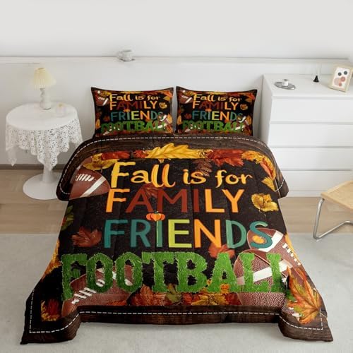 American Football Comforter Set Fall Maple Leaves Quilt Set 2pcs Brown Rustic Farmhouse Wooden Board Bedding Set for Kids Teens Adults Room Decor Soccer Sports Game Duvet Insert Twin Size