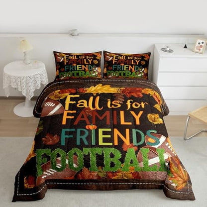 Fall Style Football Comforter Set King Size Rustic Brown Barn Door Quilt Set 3pcs Nature Plants Bedding Set for Kids Girls Women Room Decor Vintage Sports Gaming Duvet Insert,2 Pillowcases