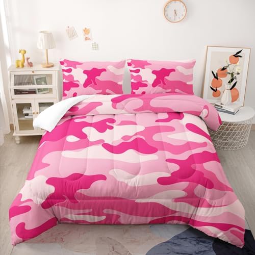 Nttopship Camo Comforter Set for Girls Men King Size Pink Camouflage Bedding Sets for Kids Boys,Ultra Soft Lightweight Bedding Sets，Kids Room Decor with 1 Comforter with 2 Pillow Case