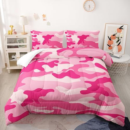 Nttopship Camo Comforter Set for Girls Men King Size Pink Camouflage Bedding Sets for Kids Boys,Ultra Soft Lightweight Bedding Sets，Kids Room Decor with 1 Comforter with 2 Pillow Case