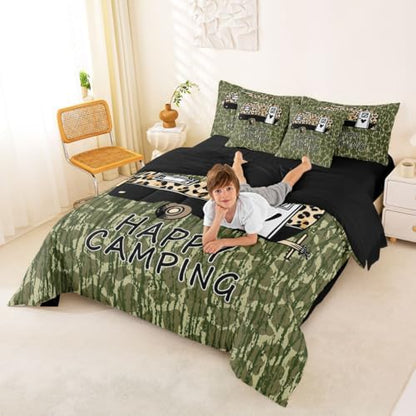 Erosebridal Happy Camping 7 Pieces Bedding Set Green Camouflage Twin Comforter Set for Boys Girls Leopard Print Camper Car Bed in A Bag with Flat and Fitted Sheet Camo Cheetah Pattern Wild Bed Set