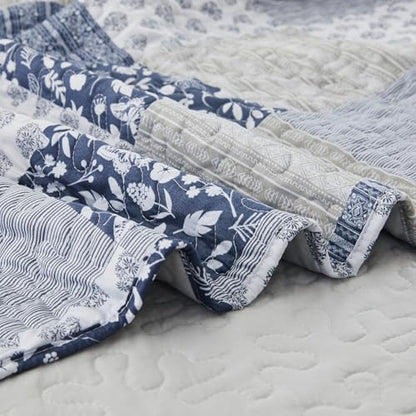 Cozyholy Navy Blue Gray Oversized King Quilt Set 128x120, 3 Piece Quilted Bedspread Set Patchwork Plaid Bedding Comforter Set Reversible Lightweight Microfiber Bed Spread Coverlet Set for All Seasons