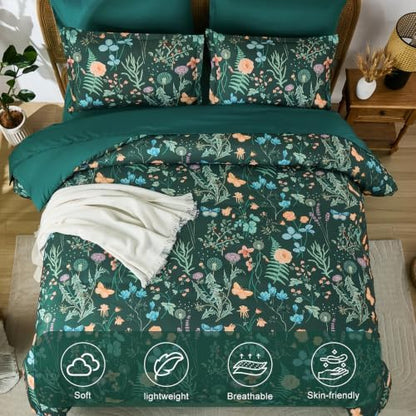 King Size Comforter Set 7 Piece, Forest Green Floral Bedding Set All Season