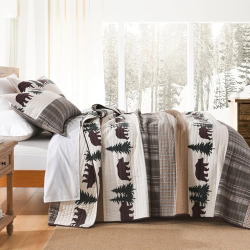 PERHOM Cabin Quilt King Size - 100% Cotton Lodge Cabin King Quilt Bedding Set, Striped Bear Tree Reversible Quilted Bedspread Lightweight Comforter Set with 2 Shams, Wood Brown/Beige, 3PCS