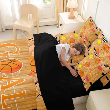 Erosebridal Orange Basketbal Ball Games Sports Theme 7 Piece Bedding Set Twin | Boys Gaming Pattern Boys Kids Comforter Set with Sheets Geometric Bed in A Bag Playground Bed Sets