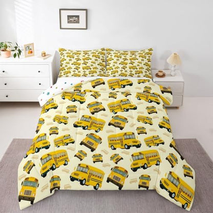 Feelyou Yellow School Bus Comforter Set King Size Cartoon Truck Bedding Set for Kids Boys Girls Transport Vehicles Duvet Quilt Bedroom Decor Microfiber 3 Pcs with 2 Pillow Cases