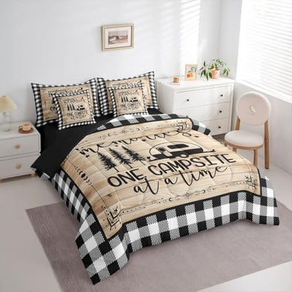 Erosebridal Camper Decorations Comforter Set - 7 Pieces Happy Camping Bedding Sets Full Bed in A Bag Boho Sun Moon Comforter, Wooden Planks Sheets, Rustic Farmhouse Pillowcases & Throw Pillow Covers