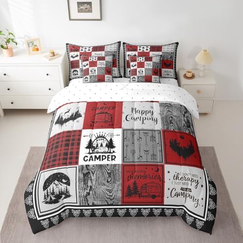 Erosebridal 7 Piece Happy Camping Bedding Set Twin for Kids Adults,Rv Camper Comforter Set for Bunk Travel Trailers,Red Black Buffalo Plaid Bed in a Bag with Sheets,Rustic Cabin Patchwork Bed Set