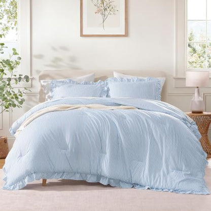 Andency Blue Striped Queen Ruffle Comforter Set, 3 Pieces