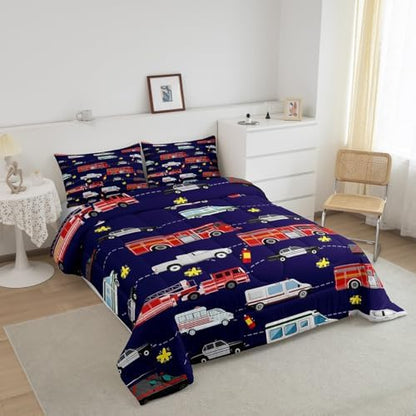 Feelyou Fire Truck Bedding Bed Set Police Car Comforter Set for Kids Boys Girls Teens Youth Decor Engine Ambulance Cute Comforter Emergency Vehicle Blue Soft Quilt Set Room 3Pcs King Size