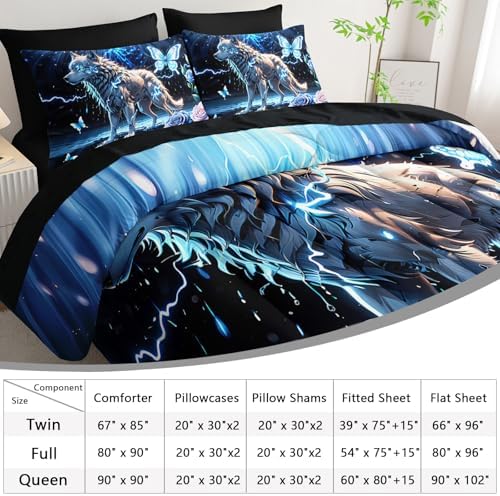 AILONEN Boys Wolf Comforter Set Twin,7-Piece Soft Bed in a Bag for Kids Teen,Blue Lightning Animal Wolf Comforter & Fitted Sheet with Flat Sheet & 2 Pillowcases,2 Pillow Shams for Bedroom