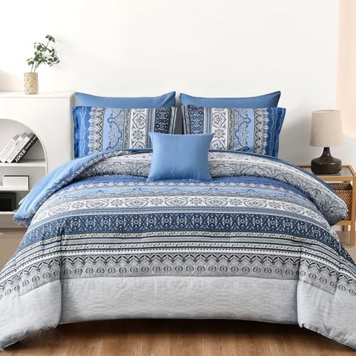 Cottolester Boho Queen Comforter Set,Blue and Grey Striped Bed in a Bag
