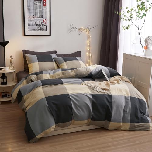 Buffalo Plaid Duvet Cover Set Twin, Soft 100% Cotton Retro Plaid Checkered Comforter Cover, 3 Piece Breathable Geometric Duvet Cover with Zipper Closure Farmhouse Checkered Bedding Set for Men Boys