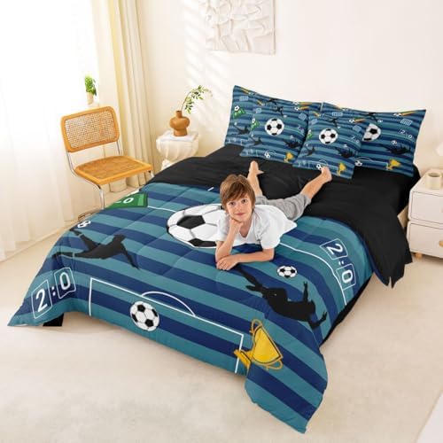 Erosebridal Sports Theme Soccer Gaming Playground Boys Navy Blue Comforter Set Queen Size 7 Pieces | Striped Bed in A Bag Football Court Bed Set Hexagon Honeycomb Bedding
