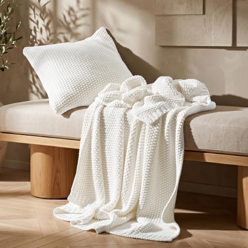 EverGrace Organic Cotton Chunky Knit Throw Blanket, 50 x 60 Bright White