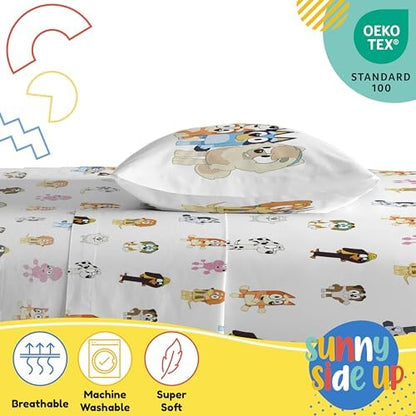 Sunny Side Up Bluey & Friends Toddler Sheet Set - 3 Piece Toddler Bedding Set Includes Pillow Cover - Super Soft Microfiber Sheets