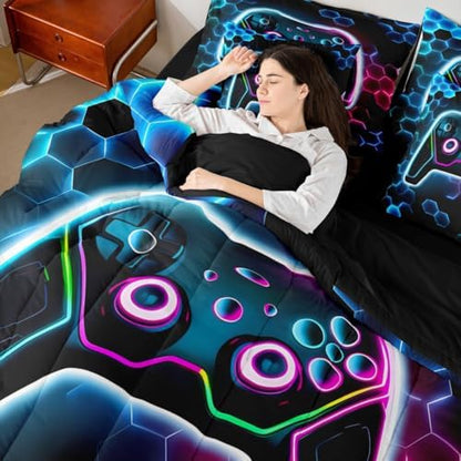 Erosebridal 3D Gamer Comforter Sets with Sheets - Cool Gaming Bedding Set Twin for Boys Girls Colorful Neon Lights 7Pcs Bed in A Bag, Hexagon Honeycomb Bed Set