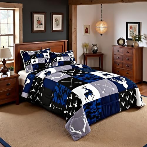Manfei Camo Deer Antlers Comforter Set Queen, Geometric Plaid Patchwork Bedding 3pcs for Room Decor, Boho Arrow Xmas Quilt Set, Blue Grey Duvet Insert with 2 Pillowcases (WWS10843GYY-BZ_USq)
