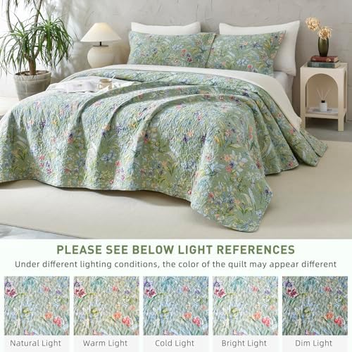 Lady Ann Green Floral 100% Cotton Quilt Sets Queen - Green Flower Bird Butterfly Print Botanical Bedding,Vintage Lightweight Coverlet Ultra Soft Bedspread Set with Pillow Shams for All Season, 3 PCS