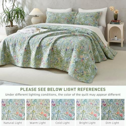 Lady Ann Green Floral 100% Cotton Quilt Sets Queen - Green Flower Bird Butterfly Print Botanical Bedding,Vintage Lightweight Coverlet Ultra Soft Bedspread Set with Pillow Shams for All Season, 3 PCS