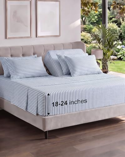 Extra Deep Flex Top Split Head King Sheet Set - 6pc Sheets - Blue Stripes