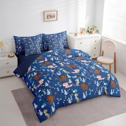 Erosebridal King Size Boys Blue Bear 7 Piece Kids Comforter Set Cartoon Animal Bedding Set for Child Nursery Fox and Cat Wild Animals Sheets Woodland Animals Quilt Wildlife Botanical Duvet Insert
